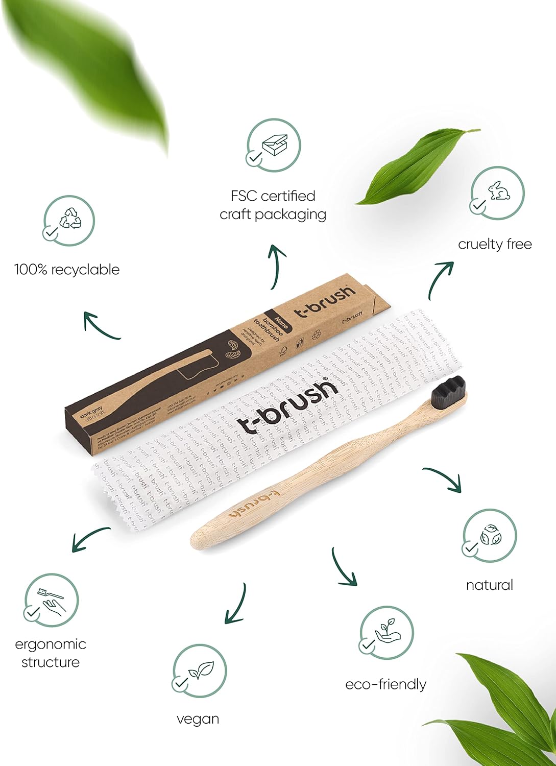 T-brush Adult Nano Bamboo Toothbrush (dark gray) - Ulrta Soft