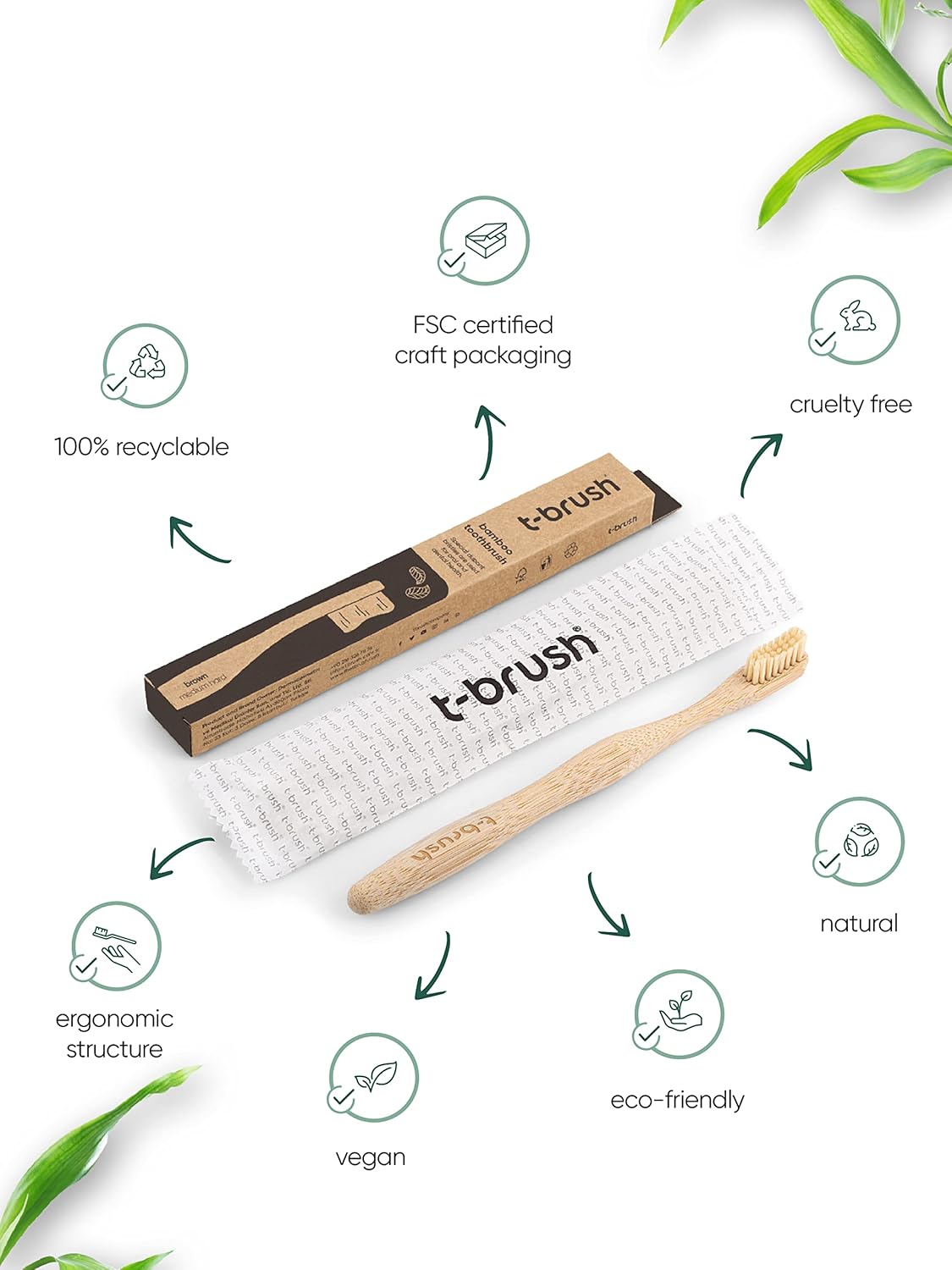 T-brush Adult Bamboo Toothbrush (beige) - Medium hard