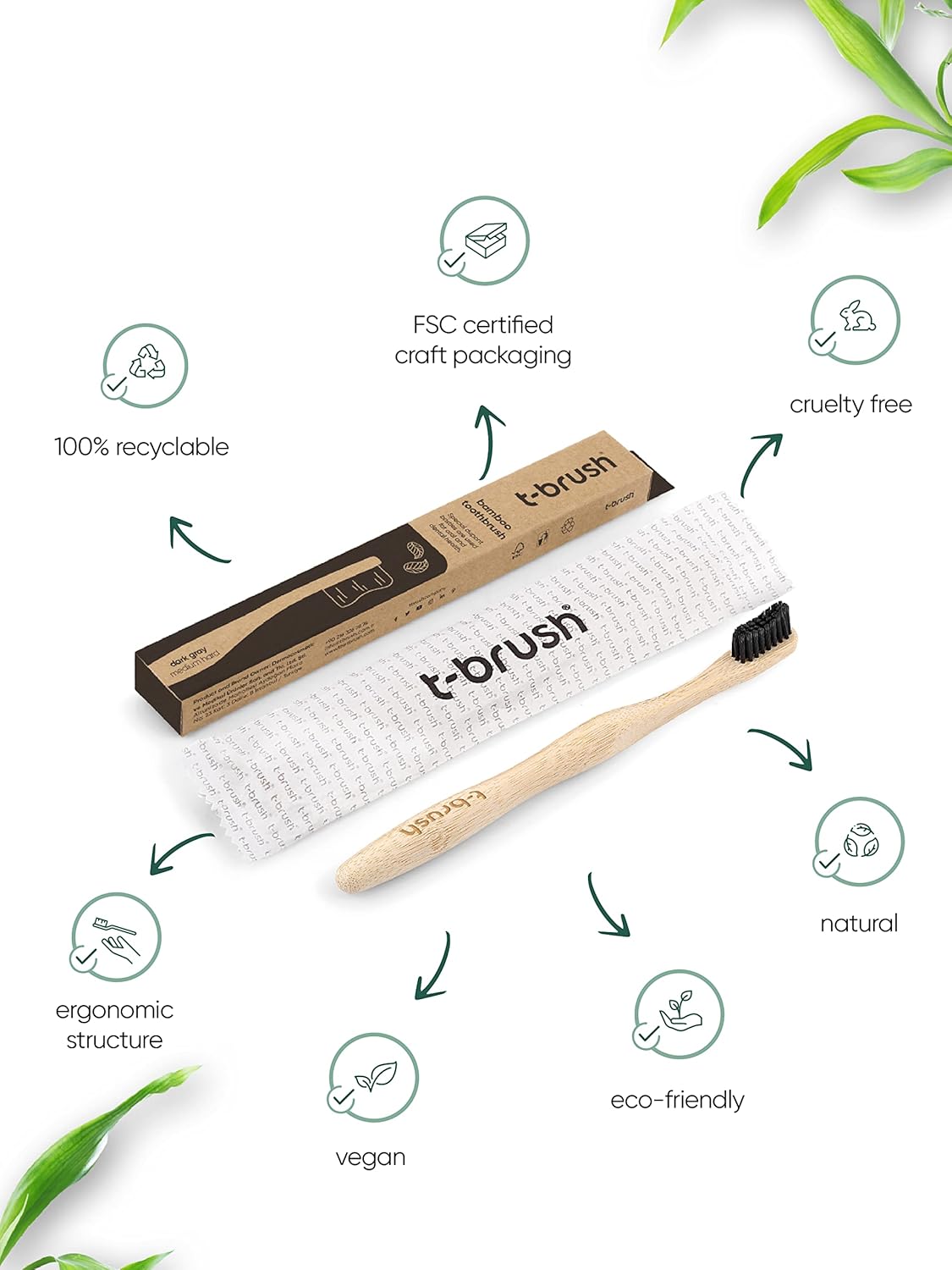 T-brush Adult Bamboo Toothbrush (black) - Medium hard